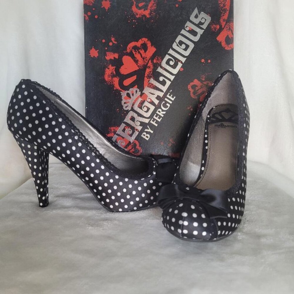 Fergalicious, size 9.5, black white polka dot